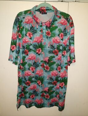 Yatta Golf Tropical Flamingo AOP Performance Shirt Sleeve Polo Shirt Men's sz XL